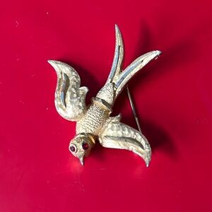 Vintage Bird Brooch with Red Accents